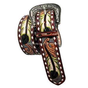 Cinturón Unisex de Cuero Occidental Hecho a Mano con Hebilla de Latón Grabada con Flores Elegantes, Cinturón Vaquero - Product Image 1