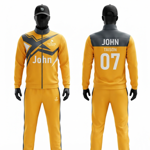 Ensemble d'entraînement de badminton unisexe haut de gamme en polyester interlock 300 grammes, jaune et gris avec empiècements contrastants, logo personnalisé imprimé - Product Image 1