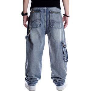 Pantalon de travail en denim de coton baggy Hip Hop coupe ample pour hommes, jean à jambe droite, poches plaquées, style de rue - Product Image 2