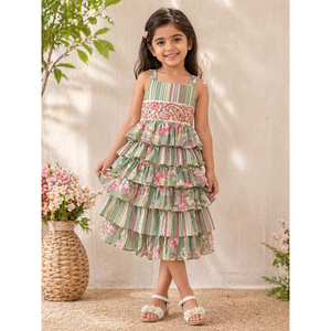 Robe d'été légère sans manches en mousseline imprimée à volants superposés pour filles de 0 à 6 mois, vert olive et rose - Product Image 1