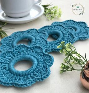 Lush Teal Flower Motif Crochet Coasters Cotton Thick Design - Handcrafted Radiant Durable <b>Table</b> Mats Mug Glass Boho <b>Garden</b> Home - Product Image 1