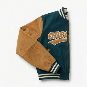 Chaqueta de lana para hombre en color verde azulado oscuro con cremallera, logotipo bordado personalizado, cuello y puños de punto acanalado, estilo urbano, fabricación al por mayor. - Product Image 3