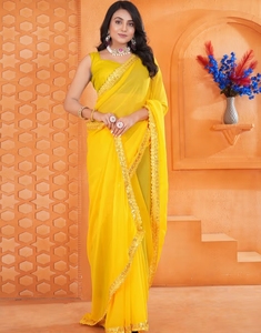 KV Women's Traditional Georgette Rayon Yellow Embellished Designer <b>Saree</b> Wrinkle-Free Reversible Party Unstitched <b>Blouse</b> - Product Image 1