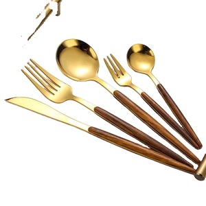 Ensemble de couverts en acier inoxydable à manche épais, finition miroir dorée, ensemble de couverts en bois fait à la main - Product Image 1
