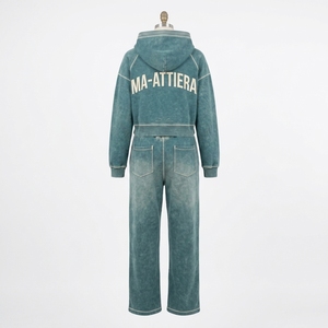 Conjunto de Sudadera Corta con Capucha y Pantalones Jogger de Pierna Ancha para Mujer, Color Verde Azulado Lavado, de Algodón y Felpa, Estilo Urbano, Venta al por Mayor OEM - Product Image 4
