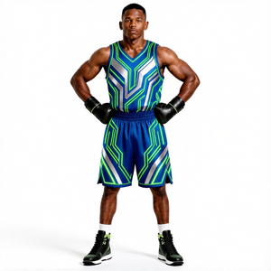 Ensemble de boxe géométrique coloré en polyester, vêtements d'entraînement avec gants, shorts et haut durables pour toutes les saisons - Product Image 1