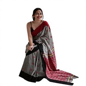 Sari en coton et lin pour femme K V INTERNATIONAL avec caractéristiques réversibles anti-plis et séchage rapide, et chemisier non cousu - Product Image 1