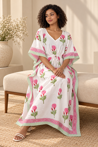 Robe Kaftan Bohème à Imprimé Floral Rose pour Femmes, 100% Coton, Col en V, Maxi avec Bordure Verte, Ceinture à Nouer à la Taille, Respirante - Product Image 2