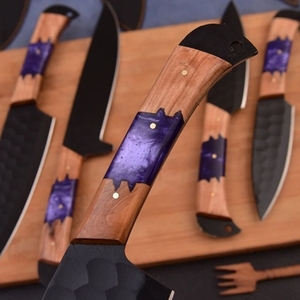 Hand Forged Carbon Steel Black Powder Coated Eco-Friendly Ambidextrous Wood & Resin Handle Dishwasher <b>Safe</b> Chef <b>Knife</b> Set - Product Image 3
