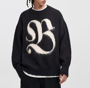 Pull en tricot noir anti-boulochage pour homme avec logo lettre B imprimé en flock blanc sur le devant, cardigan pour l'hiver, matière laine/viscose - Product Image 3