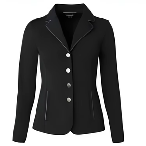 Custom Logo Cotton Polyester Riding Attire Equestrian Show <b>Jacket</b> Black with <b>Silver</b> Buttons and Trim for Competition Use - Product Image 1