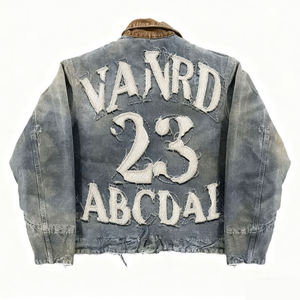 Custom Streetwear Winter Designer Vintage Zip Denim <b>Jacket</b> Embroidered Patch Oversize Distressed Work <b>Jacket</b> <b>Men</b> - Product Image 2