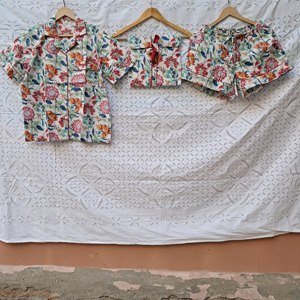 Luxurious Cotton Block Printing Fabric Short Pajama <b>Set</b> Button Down Shirt & Elastic Waist Short Bottom Women's Sleepwear Pjs <b>Set</b> - Product Image 1