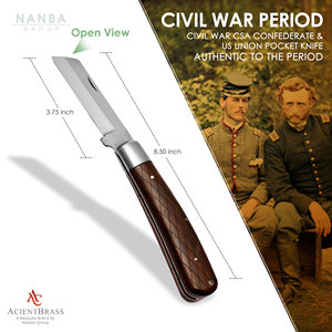 Navaja de Bolsillo Plegable de Acero Inoxidable Inspirada en la Guerra Civil, Mango de Madera a Cuadros, Remaches de Latón, Estilo Histórico, Hoja de 3.75 Pulgadas - Product Image 2
