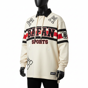 Polo de Rugby Premium para Hombre, Tejido de Algodón Grueso, Color Crema, Panel en el Pecho Negro y Rojo, Logotipo en Tela Tackle Twill, Camiseta de Rugby para Hombre - Product Image 6