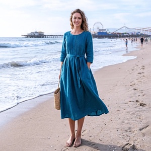 Robe d'été décontractée en lin plissée à la taille avec poches et manches 3/4, grande taille pour femme - Product Image 1