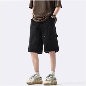 Pantalones Cortos Cargo Negros para Hombre, Color Sólido, Cintura Elástica, Corte Medio, Transpirables, Casuales, Tipo Bermuda con Bolsillos - Product Image 5
