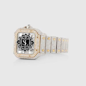 Reloj de pulsera de lujo premium estilo Hip Hop con esfera cuadrada esqueletizada, totalmente engastado en diamantes, bicolor oro y plata - Product Image 1