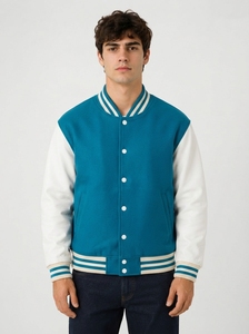 <b>Men's</b> Modern Two Tone Waterproof Windproof V-Neck Bomber <b>Jacket</b> Varsity Style Casual Outerwear Ribbed Collar Cuffs Hem Snap - Product Image 4