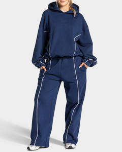 Conjunto Deportivo 2 en 1 para Mujer, Color Azul Marino, con Capucha, Manga Larga, Corte Holgado, Pantalones Casuales para Correr, Bolsillos Laterales, Color Sólido - Product Image 1