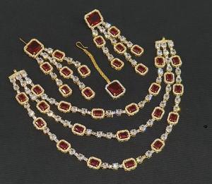 Modern Afghan Gold Chain <b>Necklace</b> Featuring Emerald Green And <b>Ruby</b> Red Rectangular Crystals In Floral Halo Setting - Product Image 4