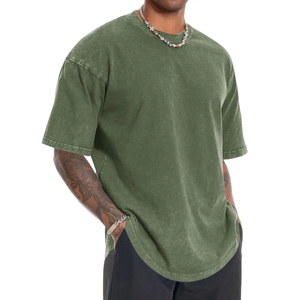 Oversized Men's Solid <b>Green</b> Cotton <b>T</b>-<b>Shirt</b> Short Sleeve O-Neck Casual Jersey <b>Plain</b> Dyed Knitted Fit - Product Image 2