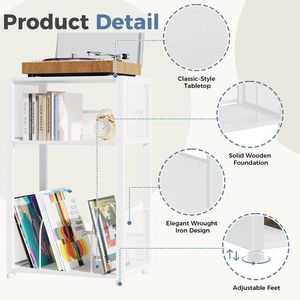 Supporto per Giradischi a 3 Ripiani con Spazio per 100 Album, Tavolino Laterale Bianco per Giradischi da Soggiorno - Product Image 4