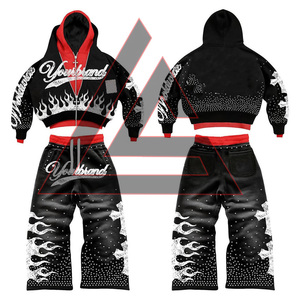 OEM Custom Rhinestone Hoodie Men Oversized Cropped Acid Wash Zip up Distressed Vintage Double <b>Belt</b> <b>Trouser</b> and Hoodie Set - Product Image 4