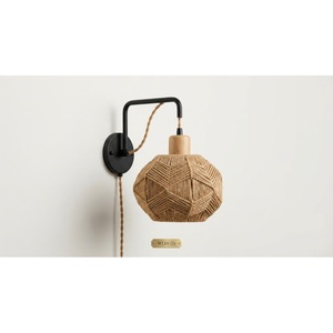 Handwoven Rattan Wall <b>Sconce</b> with Wooden Arm Modern Boho Wicker Wall Lamp For Bedroom Living Room & Cafe Dimmable Woven Hemp - Product Image 3