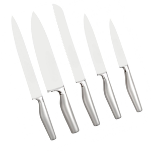 Ensemble de 5 couteaux de cuisine en acier inoxydable avec lames tranchantes, manches métalliques confortables, bloc de rangement en bois - Product Image 4