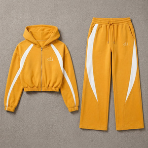 Custom Yellow Contrast Panel French Terry <b>Tracksuit</b> Women Cropped Zip Hoodies Heavy GSM Wide Leg Sweatpants Set <b>Wholesale</b> <b>Vendor</b> - Product Image 3