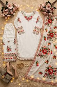 Costume Anarkali pour femmes, blanc, brodé de fleurs, avec dupatta, coupe ample, vêtements traditionnels indiens et pakistanais, vêtements décontractés, en coton - Product Image 4
