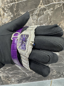 Reloj Moissanite Incoloro Totalmente Cubierto de Diamantes, Esfera Morada con Números Romanos, Reloj Automático para Hombre, Reloj Mecánico Personalizado para Él - Product Image 3