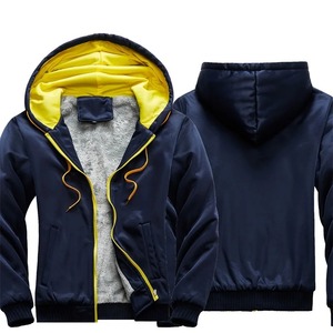 Men's Navy Blue Hooded Fleece Jacket With Yellow Lining Zipper Casual Autumn Wear Regular Fit Solid Color Knitted Windproof 2027 - Product Image 1