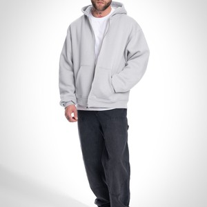Light <b>Grey</b> Zip Up Hoodies Men Custom Logo <b>Fleece</b> <b>Jacket</b> Bulk Wholesale Drop Shoulder Streetwear Heavyweight Cotton OEM - Product Image 2