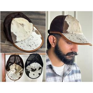 Precio de fábrica 2026 Gorra trucker de cuero genuino con pelo de vaca, estilo western, ajustable, malla, marrón, rústica, vaquera, a la moda - Product Image 1