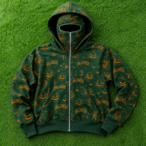Custom Green Halloween Full Zip Face Mask Hoodie All Over Pumpkin Bat Print Oversized Streetwear Hoodie Unisex Winter Fashion - Product Image 6