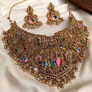 High Quality Traditional South <b>Indian</b> Temple Ethnic Brass Laxmi Bridal Set Zircon Flower Design Rose Gold Plated Wedding Party - Product Image 2