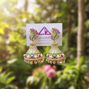 American Diamond Peacock Style Gold Plated Drop Jhumkas for Party - Product Image 3