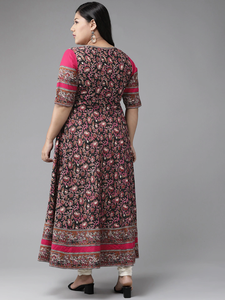 คูร์ตาอานาร์กาลีผ้าฝ้ายลายดอกไม้สีดำ คอกลม แขนสามส่วน สำหรับผู้หญิงไซส์ใหญ่ คอลเลคชั่นสวมใส่สบายทุกวัน - Product Image 4