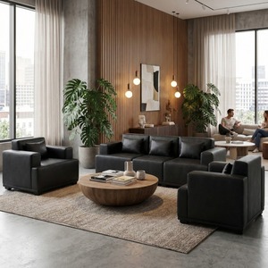 Minimalist Upholstered Sectional <b>Sofa</b> Set Double Loveseat for Small Spaces Living Room & Bedroom Use PU Leather <b>Cover</b> - Product Image 3