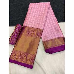 ผ้าส่าหรีสำหรับใส่ทำงานผ้าแจ็คการ์ดผ้าไหมผ้าแจ็คการ์ดเสื้อเบลาส์แบบไม่มีตะเข็บสีชมพูใหม่ล่าสุด - Product Image 1