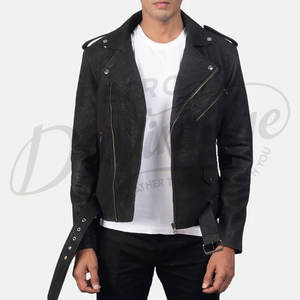Chaqueta de cuero negra para hombre, estilo motero, de piel de oveja auténtica, con cremallera asimétrica y cuello de piel sintética extraíble. - Product Image 1