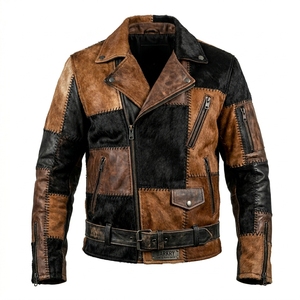 Chaqueta de cuero asimétrica de patchwork para hombre al por mayor, proveedor y fabricante de ropa exterior de moto de piel de vaca con pelo personalizada - Product Image 1
