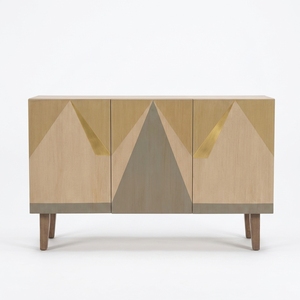 Buffet moderne en bois avec incrustation géométrique montagne, meuble TV 3 portes, meuble d'appoint pour salon, mobilier de maison - Product Image 1