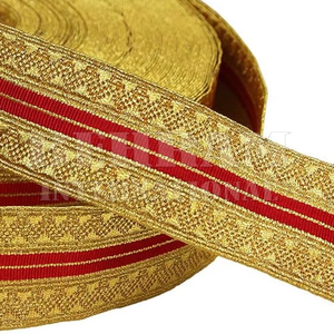 Ruban galon en jacquard métallique doré avec motif géométrique à rayures rouges pour uniformes, costumes et décorations de robes - Product Image 6