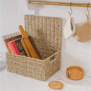 Panier de rangement en paille tressée naturelle et écologique avec couvercle pour salon et cuisine – Offre spéciale - Product Image 5