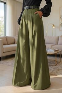 Pantalon large plissé noir en satin taille haute pour femme, coupe ample élégante avec ceinture, style automne - Product Image 6