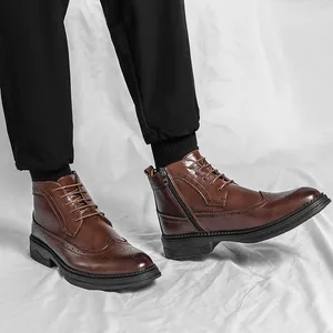New Fashionable Winter Patent Leather Brogue Ankle Boots Men's Lace up High Tops For Men <b>Flats</b> Everyday All Match Shoes - Product Image 2