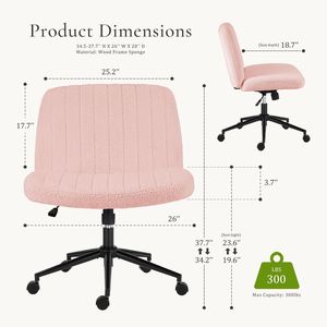 Chaise de bureau sans accoudoirs avec roulettes, confortable, en PU, avec pieds croisés, rose - Product Image 3